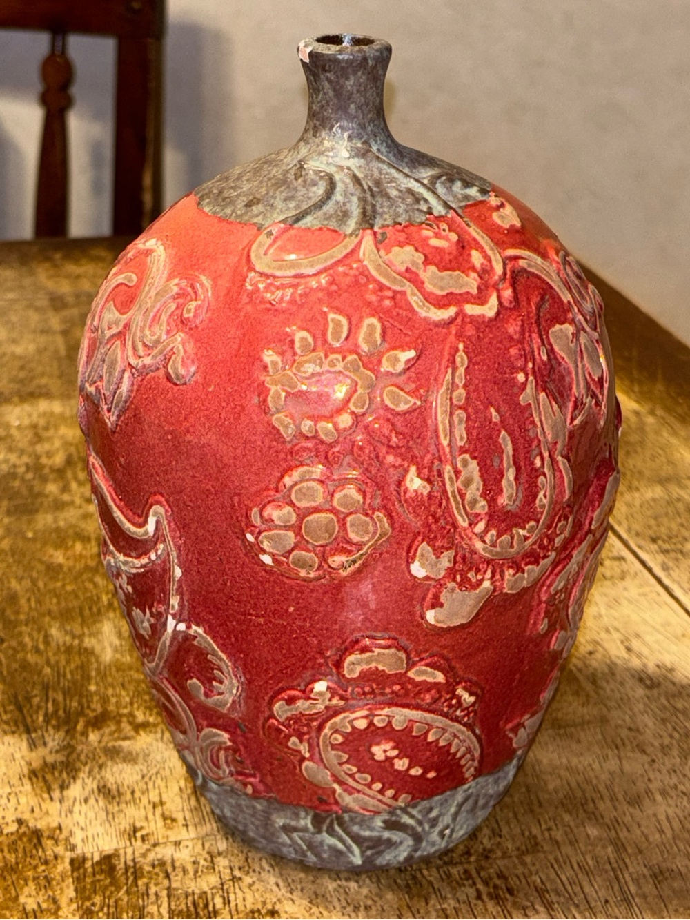Sari Red Ceramic Bottle Vase Raised Paisley Floral Distressed Brown Estate